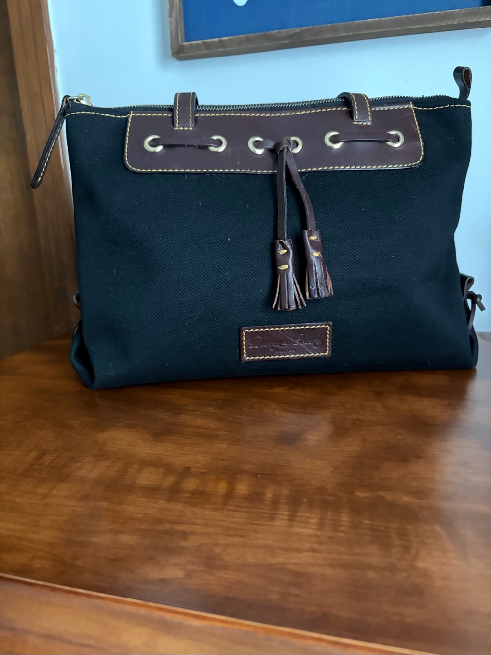 Dooney & Bourke Black Canvas Shoulder Bag with Brown Leather Trim